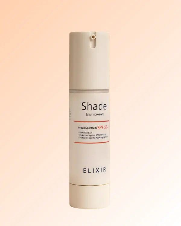 Shade by ELIXIR SPF 50+ sunscreen bottle. The best dermatologist approved sun protection in Pakistan for oily skin, featuring a zero white cast and anti-sweat matte finish.