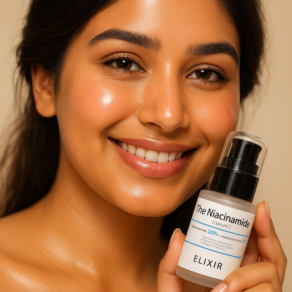 woman using Elixir hydrating serum named Niacinamide by ELIXIR